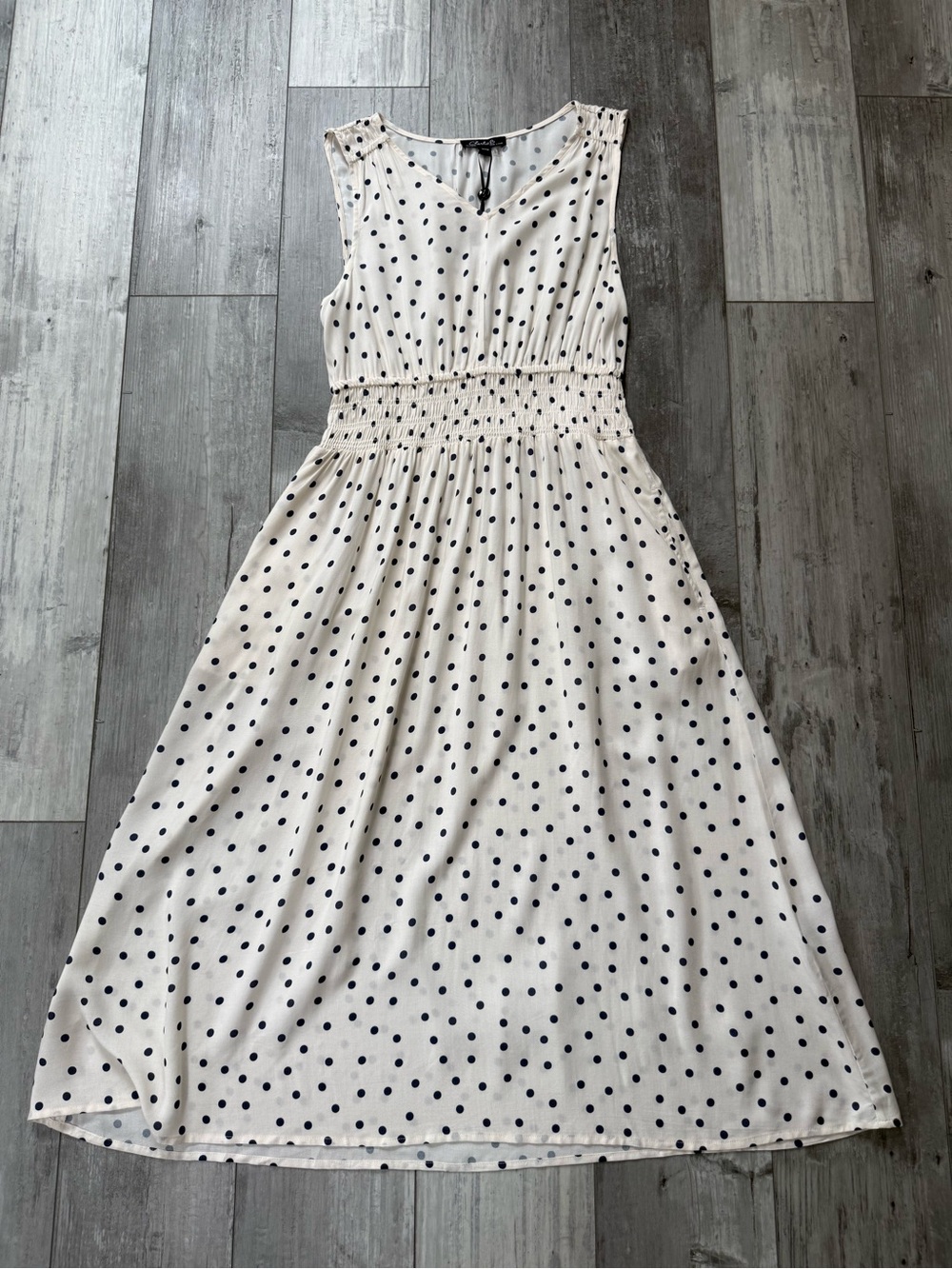 NWT Charlie B Cream Navy Polka Dot Midi Dress Pockets Size Medium